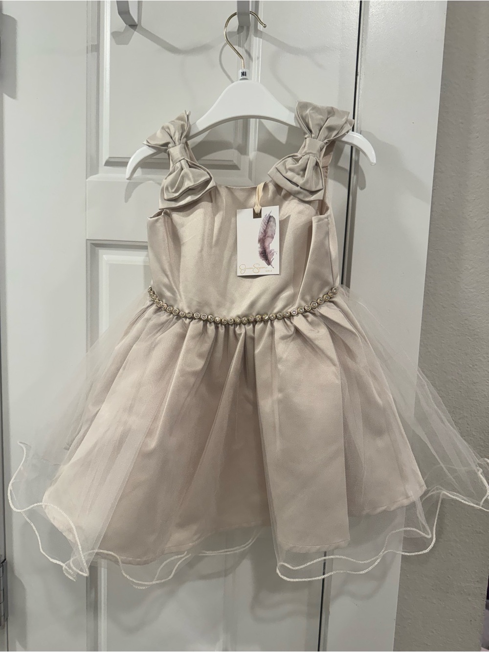 Jessica Simpson Champagne Bow-Strap Tulle Party Dress